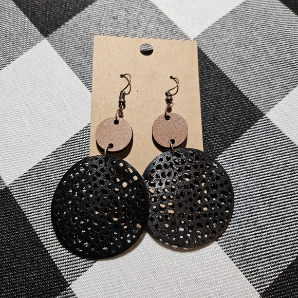 Handmade Faux Leather & Wooden Cut Out 3in Black Circle Dangle Earrings New - Picture 2 of 3
